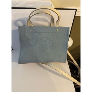 Light Blue Denim Tote Bag Embossed Logo Crossbody Handbag Gold Hardware Small